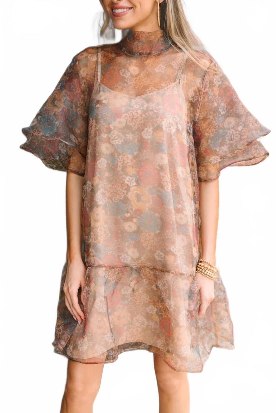 NEW LISTICLE ruffle organza mini dress in light brown